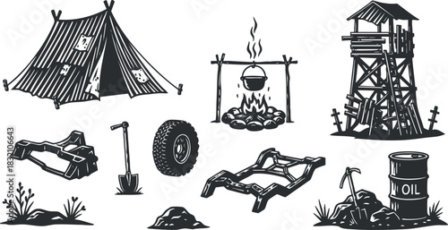 A collection of camping elements including a tent, campfire, gear, and lookout tower in black and white vector style, ideal for outdoor adventure design