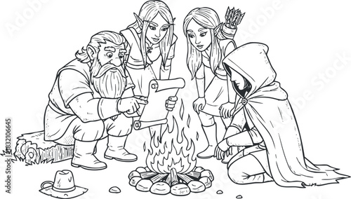 A group of fantasy characters including a dwarf and elves gathered around a campfire in black and white lineart style, ideal for storytelling and adventure illustrations
