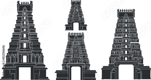 A collection of Hindu temple illustrations in black vector style, ideal for cultural design projects and architectural concepts