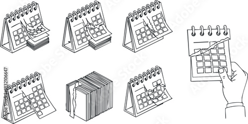 A collection of hand-drawn calendars showing various dates and a hand marking a date in black and white minimalist vector style, ideal for time management and organizational projects