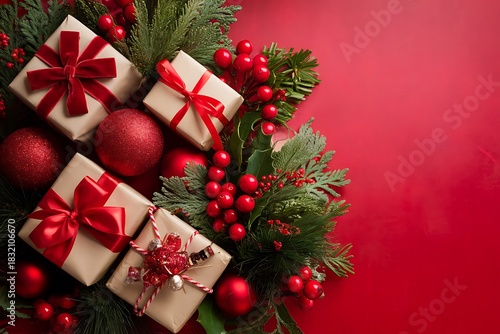 Wallpaper Mural Christmas Holiday Arrangement of Gifts, Ornaments, and Evergreen on a Festive Red Background  Torontodigital.ca