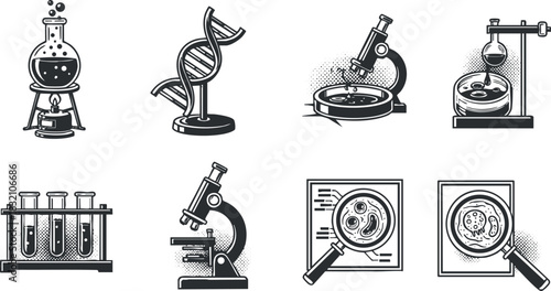 A set of science and laboratory icons including a flask, microscope, DNA helix, and test tubes in black and white vintage vector style, perfect for educational materials and scientific publications