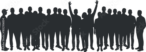A diverse group of people silhouettes standing together with one person raising a hand in black and white minimalist vector style, ideal for community events and social themes
