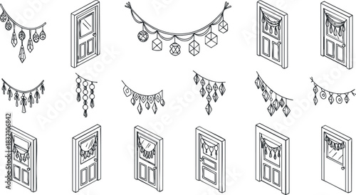 A collection of decorative doors and hanging garlands in minimalist outline vector style, ideal for home decor projects