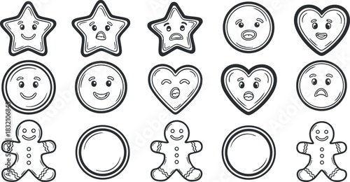 A collection of smiley faces, stars, hearts, and gingerbread men in black and white outline vector style, perfect for children's projects and festive designs