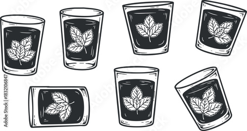 A collection of glasses filled with mint leaves in a black and white sketch style, perfect for beverage branding and restaurant menus