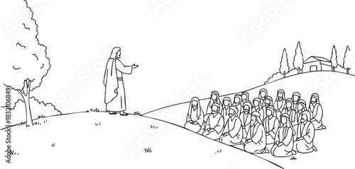 A scene of Jesus teaching a crowd of people in minimalist line art vector style, suitable for religious illustrations and educational purposes