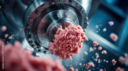 Close-up of Meat Grinder Processing Fresh Ground Meat in Kitchen
