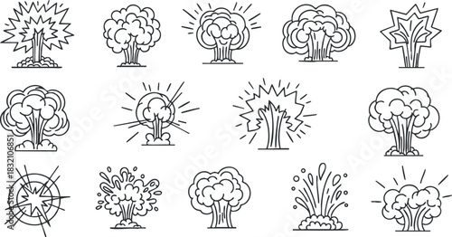 A collection of explosion icons in outline vector style, suitable for comic illustrations and action-themed designs
