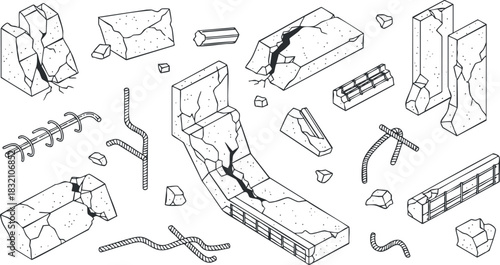 A set of cracked rocks and stones in outline vector style, suitable for geological illustrations and construction designs