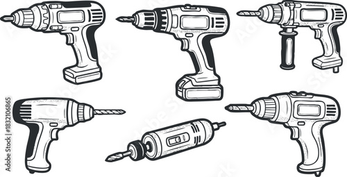 A collection of hand drills and power tools in black and white outline vector style, suitable for construction and DIY projects