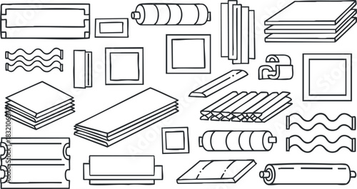 A collection of various paper rolls, sheets, and frames in black and white minimalist vector style, perfect for design and crafting projects