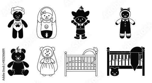 Baby toys and cribs vector illustration for nursery decor art
