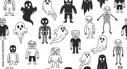 A collection of cute cartoon monsters, ghosts, and skeletons in black and white outline vector style, perfect for Halloween decorations and kids' party themes