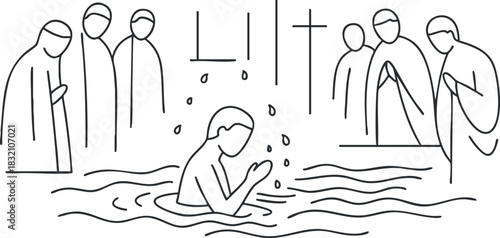A minimalist line art illustration of a baptism scene with figures, water, and a cross, ideal for religious contexts