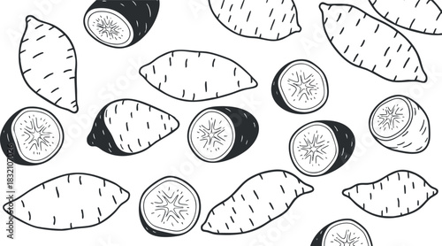A collection of sweet potatoes and yams in black and white minimalist vector style, suitable for food packaging and healthy meal designs