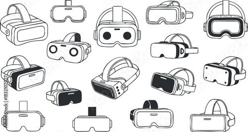 A collection of various virtual reality headsets in minimalist outline vector style, perfect for technology and gaming projects