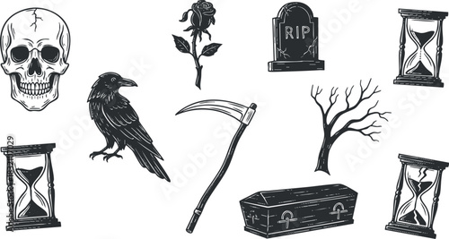 A collection of gothic symbols including a skull, crow, rose, gravestone, hourglass, and scythe in a black and white illustration style, perfect for Halloween decorations or dark-themed designs
