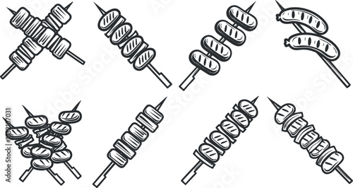A collection of grilled skewers featuring meat, vegetables, and sausages in black and white outline vector style, perfect for food branding and menus