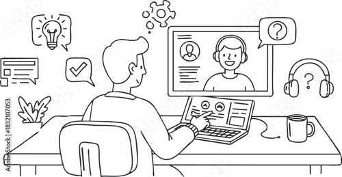 A person working on a laptop with video call interface and various icons in minimalist black and white vector style, ideal for remote work themes