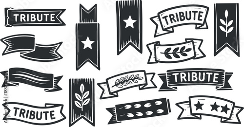 A collection of tribute banners and ribbons with stars and leaves in black and white vector style, suitable for awards and celebrations