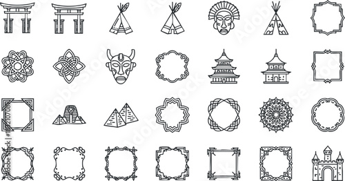 A collection of decorative outline icons featuring cultural symbols, frames, and motifs in black vector style, suitable for art and design projects