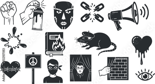 A collection of graffiti and protest-themed icons in black and white vector style, suitable for urban art projects