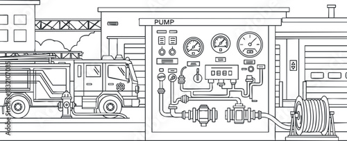 A fire truck and control panel with hoses in detailed outline vector style, ideal for emergency services graphics