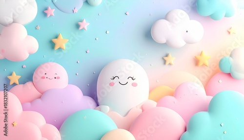 Colorful abstract background with playful shapes, soft pastel colors, clouds, stars, and smiling cartoon elements, kid-friendly design, whimsical style