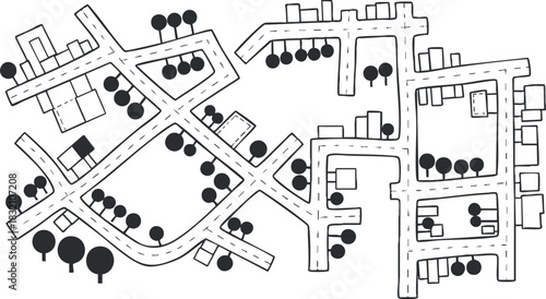 A detailed city map with roads, buildings, and trees in a minimalist black and white vector style, suitable for urban planning and design projects