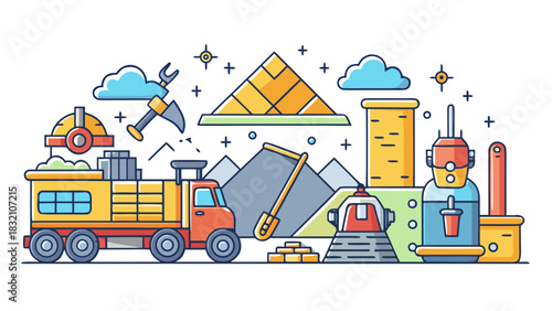 Illustrated Mining Industry with Equipment Tools and Landscape