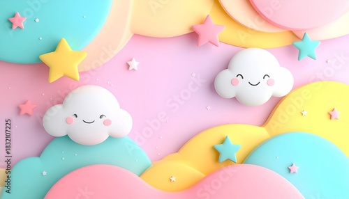 Colorful abstract background with playful shapes, soft pastel colors, clouds, stars, and smiling cartoon elements, kid-friendly design, whimsical style