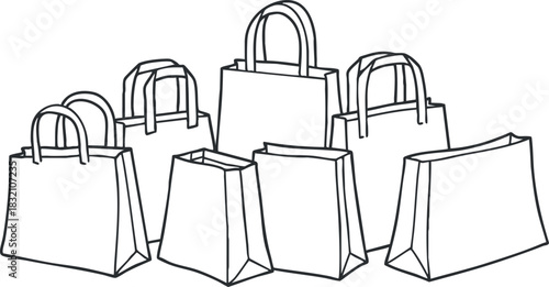 A collection of shopping bags in outline vector style, suitable for retail and commerce-related designs