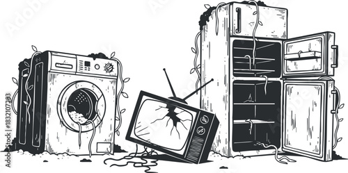 A collection of broken appliances including a washing machine, refrigerator, and television in black and white vector style, ideal for environmental awareness projects