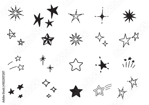 手描き風の星・きらきら素材セット　かわいいフリーハンドの星形バリエーション｜星, ベクター, イラスト, 黒, 白背景, 装飾
