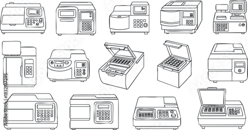 A collection of various kitchen appliances including microwaves, blenders, and toasters in black and white outline vector style, ideal for culinary design projects