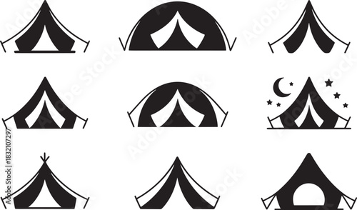 Black and White Camping Tent Icons Set Keywords: tent, camping, outdoor, adventure, travel, shelter