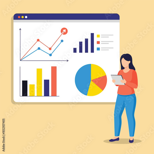 Businesswoman analyzing comprehensive digital data dashboard featuring various insightful charts