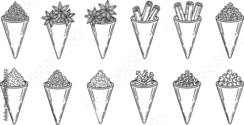 A collection of ice cream cones with various toppings in black and white outline vector style, perfect for dessert menus and branding