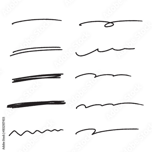 手描き風のライン素材セット　シンプルな直線から装飾的な波線まで｜線, 手書き, ベクター, 黒, 白背景, フリーハンド