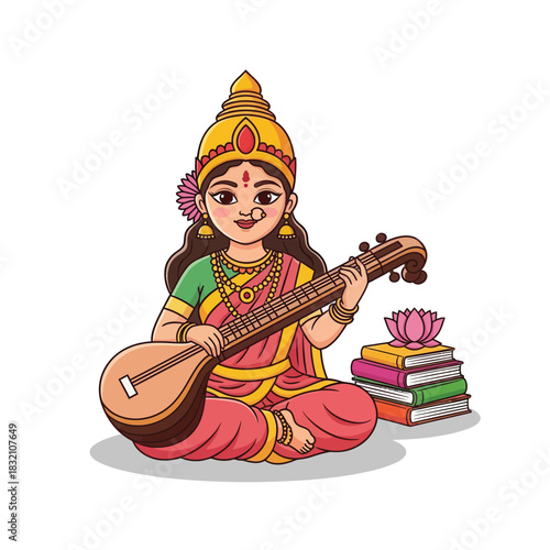 Celebrate learning and wisdom with this vibrant goddess Saraswati playing the veena, a beautiful addition to educational campaigns