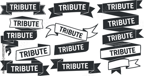 A collection of black and white tribute banners and ribbons in vector style, perfect for celebration and recognition designs