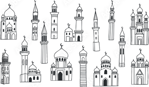 A collection of various mosque and minaret illustrations in black and white outline vector style, perfect for cultural and religious design projects