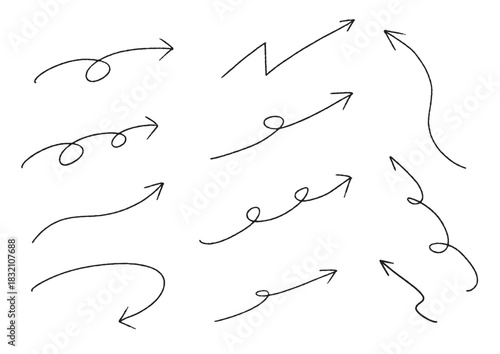 細く柔らかな線で描かれた手描き風矢印セット　シンプルで上品なベクターデザイン｜矢印, ベクター, 手書き, 曲線, 白背景, フリーハンド