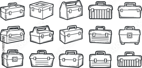 A set of various toolboxes in black and white outline vector style, ideal for construction and DIY projects