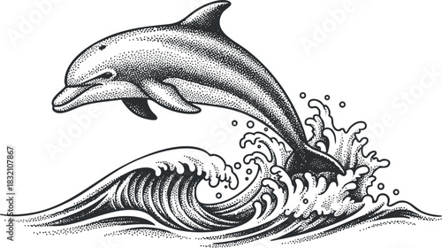 A jumping dolphin above ocean waves in black and white dot art vector style, ideal for marine life themes and oceanic designs
