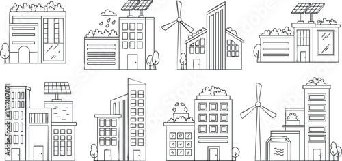 A collection of eco-friendly buildings featuring solar panels and wind turbines in minimalist outline vector style, perfect for urban sustainability projects
