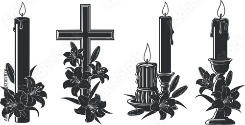 A collection of decorative candles with flowers and a cross in black and white vector style, suitable for memorial and spiritual designs