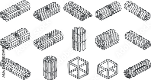 A collection of geometric bundles of sticks and cubes in clean outline vector style, suitable for architectural and construction illustrations