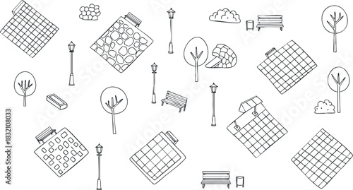 A collection of park elements including benches, trees, lamp posts, and buildings in a minimalist outline vector style, ideal for urban planning and landscape design